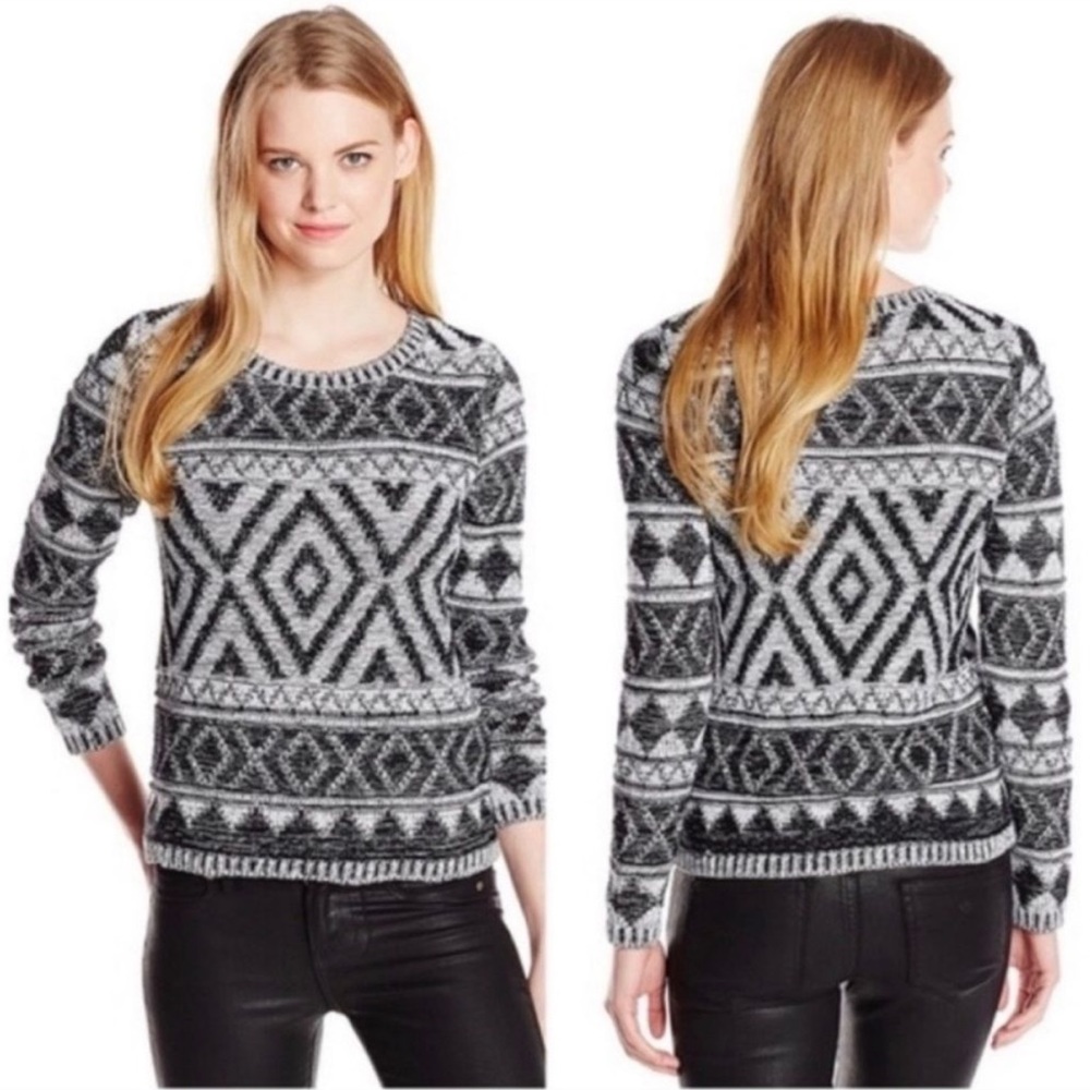 LUCKY BRAND knit Aztec sweater pullover tribal jacquard black gray striped copy